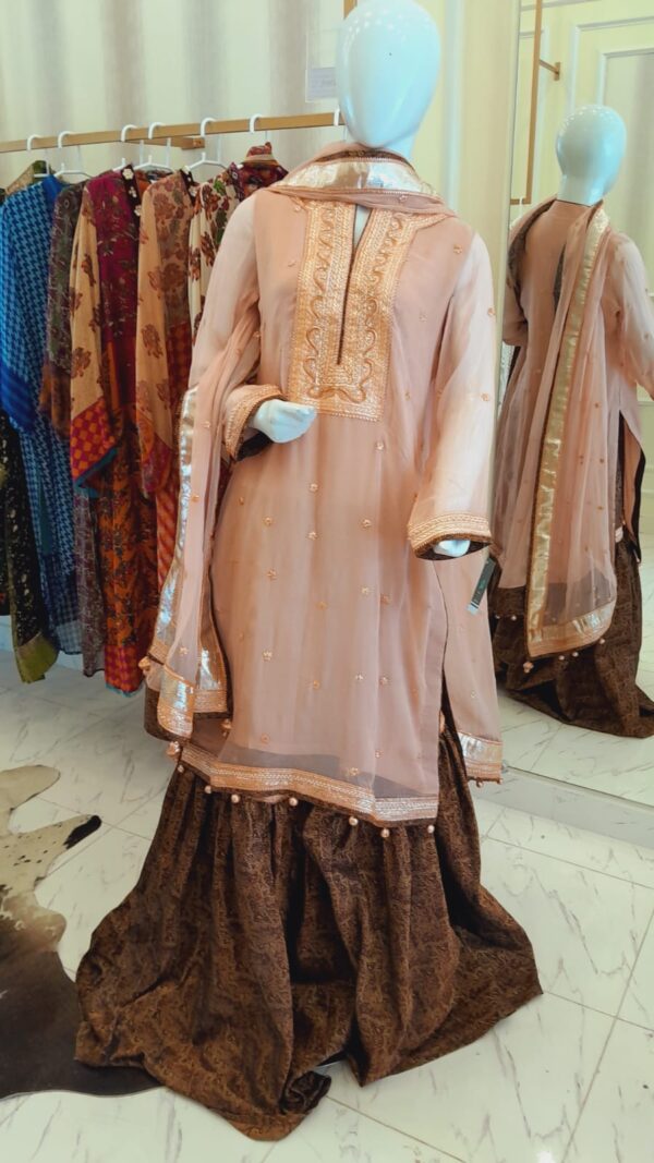 Jamawar shirt hand work Gota nd chiffon dupatta with Jamawar palazzo
