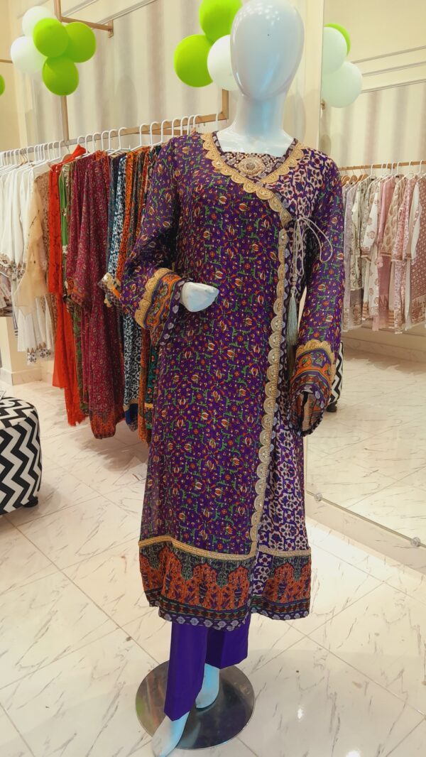 Pure silk fabric angarkha style block printed hand work gala with trouser