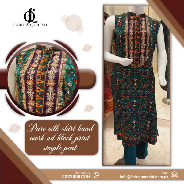 Pure silk fabric full Block printed shirt gala hand embroidery with pent - Image 3
