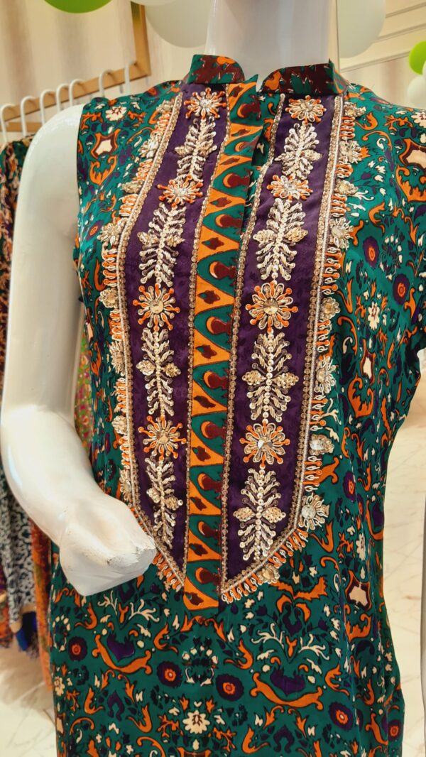 Pure silk fabric full Block printed shirt gala hand embroidery with pent - Image 2