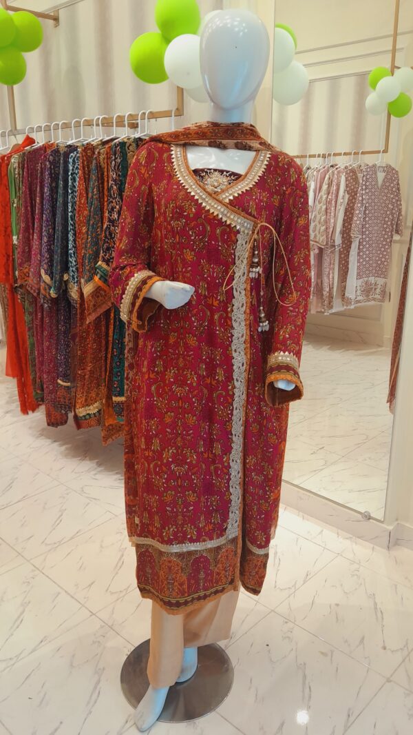 Pure silk fabric angarkha style block printed hand work gala nd full black printing duputta with trouser - Image 2