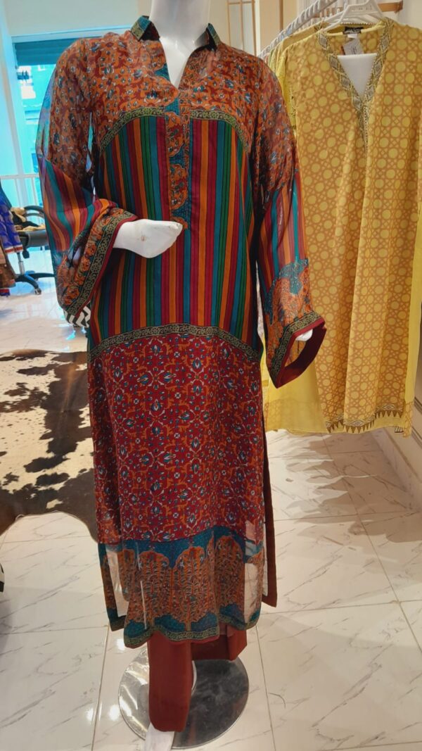 Pure silk fabric two piece block printed shirt with pent