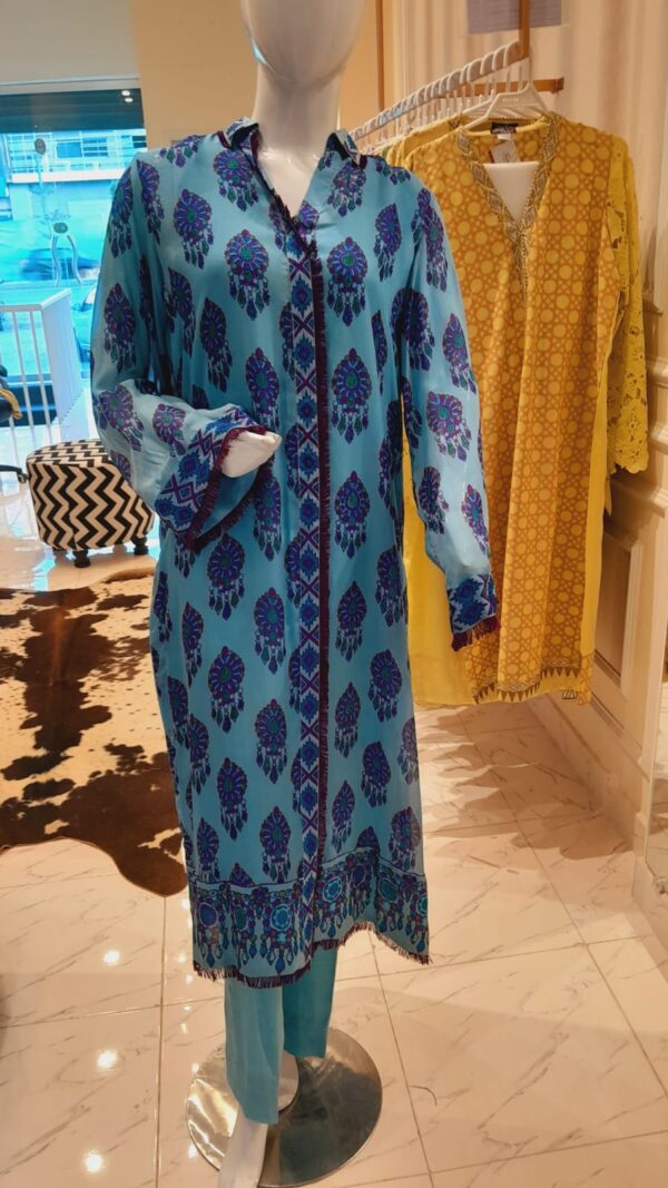 Pure silk fabric two piece jewellery design block printed shirt with pent