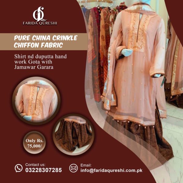 Jamawar shirt hand work Gota nd chiffon dupatta with Jamawar palazzo - Image 2